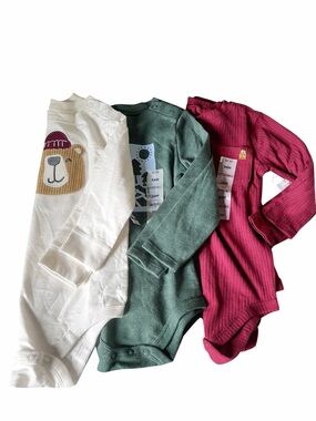 3 pieces Garanimals Cream, Green & Berry Ribbed Baby One-Piece Bodysuits Pack
